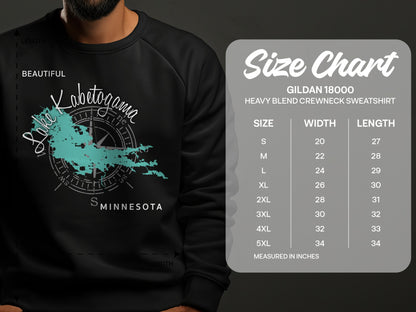 Black sweatshirt with Lake Kabetogama, Minnesota graphic and size chart.