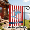 Garden flag with red and white stripes, Silverwood Lake map, and "The Smith Family".