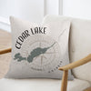 Pillow with Cedar Lake Ontario map and compass design.