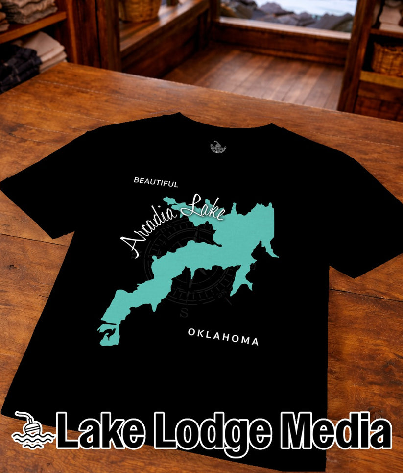 Black t-shirt featuring a teal map of Arcadia Lake, Oklahoma.