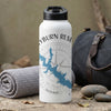 White water bottle with "Gayburn Reser" text and blue map graphic on outdoors surface.
