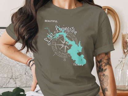 T-shirt with turquoise map graphic of Lake Livingston, Texas, and compass rose.
