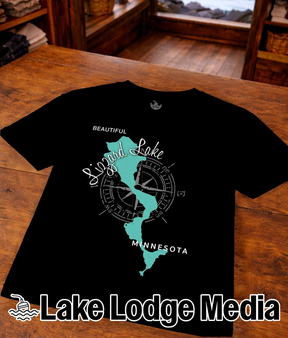 Black t-shirt featuring a compass rose over a map of Lizard Lake, Minnesota.