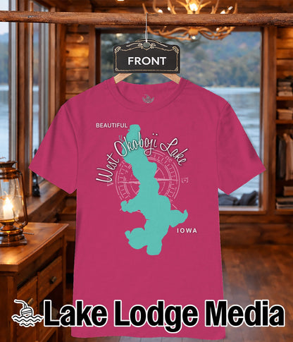 Pink t-shirt with turquoise West Okoboji Lake map graphic and "Lake Lodge Media" logo.