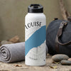 White water bottle with "LOUISE" and a compass design, next to a gym bag.