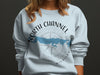 Light blue sweatshirt with "North Channel Michigan" and a compass design.