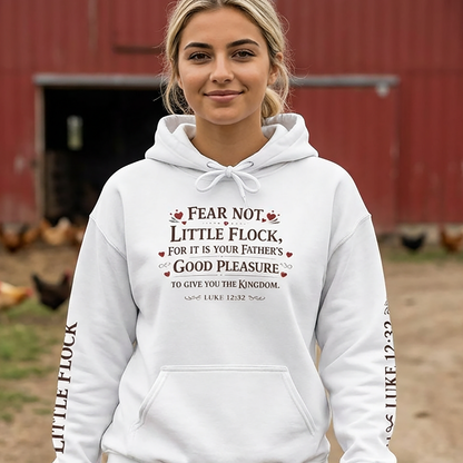 Fear Not Little Flock Hoodie with Printed Sleeves | Luke 12:32 Scripture Heart Design Bible Verse Gift | Share your faith