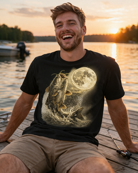 Catfish Fishing Howl at the Moon Night River Graphic T Shirt, Retro Catfish Spawn Fish Tee, Angler Fishing Shirt Gift