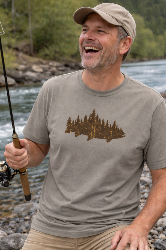 Vintage Fly Fishing T-Shirt Trout and Forest Graphic Tee, Outdoor Nature Shirt Gift for Fishermen, Angler, Grandfather