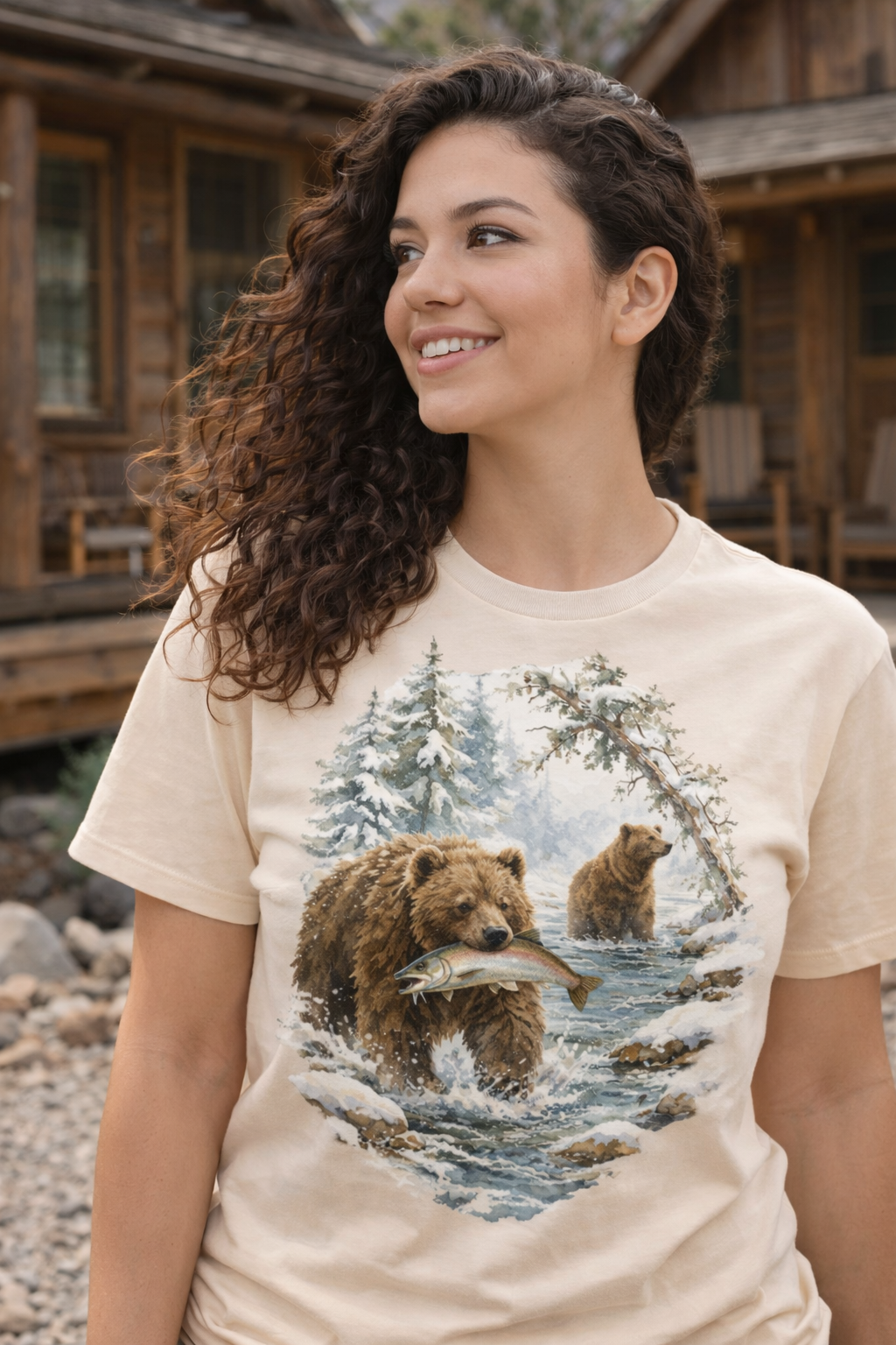 Kodiak Winter Brown Bear Fishing T-Shirt | Wildlife Salmon Catch Nature Lover Tee | Rustic Forest Animal Art Gift Shirt
