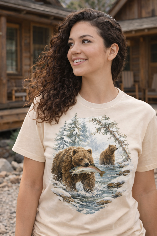 Kodiak Winter Brown Bear Fishing T-Shirt | Wildlife Salmon Catch Nature Lover Tee | Rustic Forest Animal Art Gift Shirt