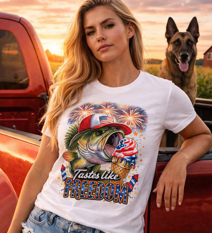 Patriotic Fishing Bass Merica Tastes Like Freedom Ice Cream T-Shirt | Fourth of July Shirt | God Bless America Gift Anglers