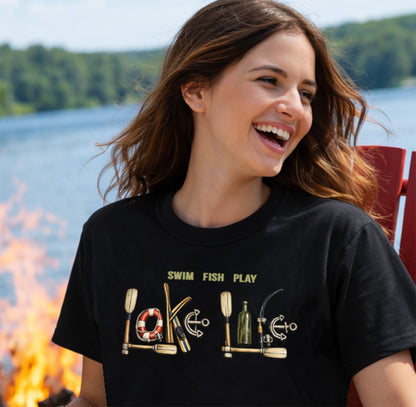 Lake Life T-Shirt | Boat Oars Life Preserver Anchor Letters Rustic Design | Fishing Water Skiing Gift Tee