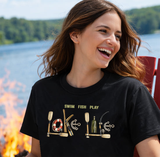 Lake Life T-Shirt | Boat Oars Life Preserver Anchor Letters Rustic Design | Fishing Water Skiing Gift Tee