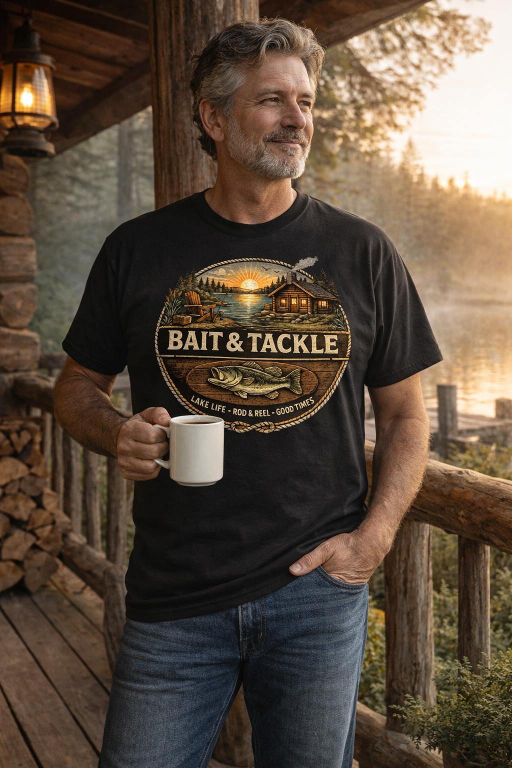 Bait & Tackle Fishing Lake Life T-Shirt | Rustic Lodge Cabin Mounted Bass Fishing Themed Bait Store Shirt