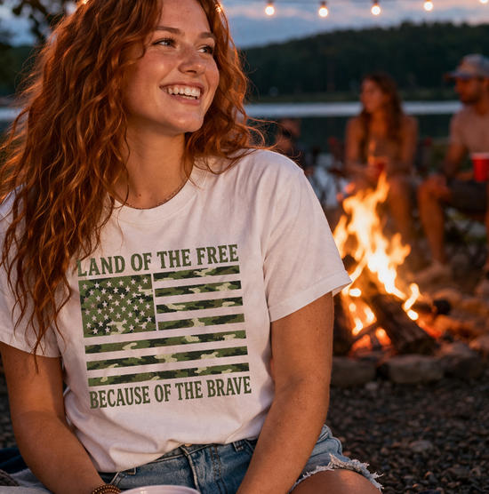 Land of the Free Because of the Brave T-Shirt | American Flag Tee | Patriotic Camo for Veterans and Fourth of July