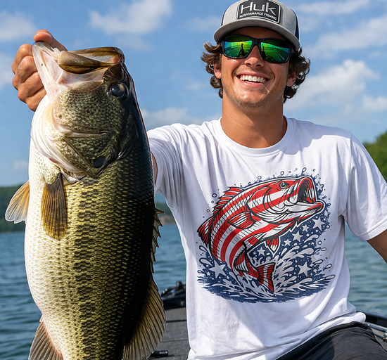 Patriotic Bass Fishing Shirt | American Flag Pride Design on Largemouth Bass with Stars and Stripes Tee for Fourth of July