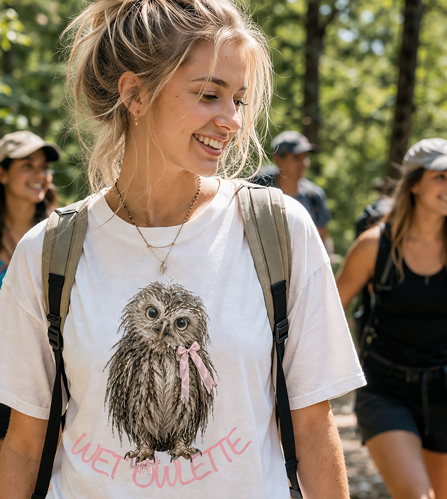 Wet Owl Coquette French Owlette Cute Pink Baby Owl Shirt, Hiking Wildlife T-Shirt, Screech Hoot Owl Bird Watching Shirt