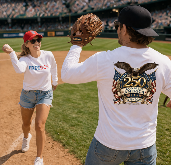 USA 250th Anniversary FREEDOM Long Sleeve Shirt | Front and Back Design | Patriotic July 4th Bald Eagle American Flag