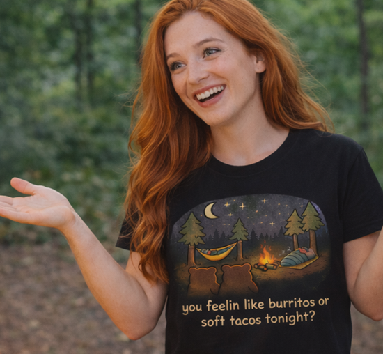 Campfire Bears Humor Women's Cut Shirt, People in Sleeping Bags are Bear Burritos and Tacos Joke, Hiking Smores Bonfire Shirt