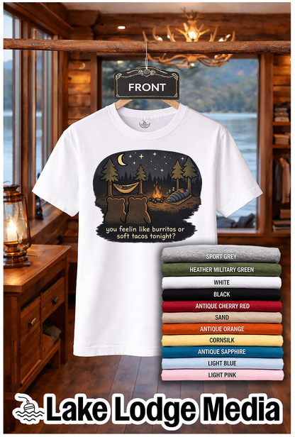 Campfire Bears Humor Women's Cut Shirt, People in Sleeping Bags are Bear Burritos and Tacos Joke, Hiking Smores Bonfire Shirt
