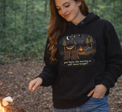Campfire Bears Humor Hoodie, People in Sleeping Bags are Bear Burritos and Tacos Joke, Camping Hiking Smores Bonfire Apparel