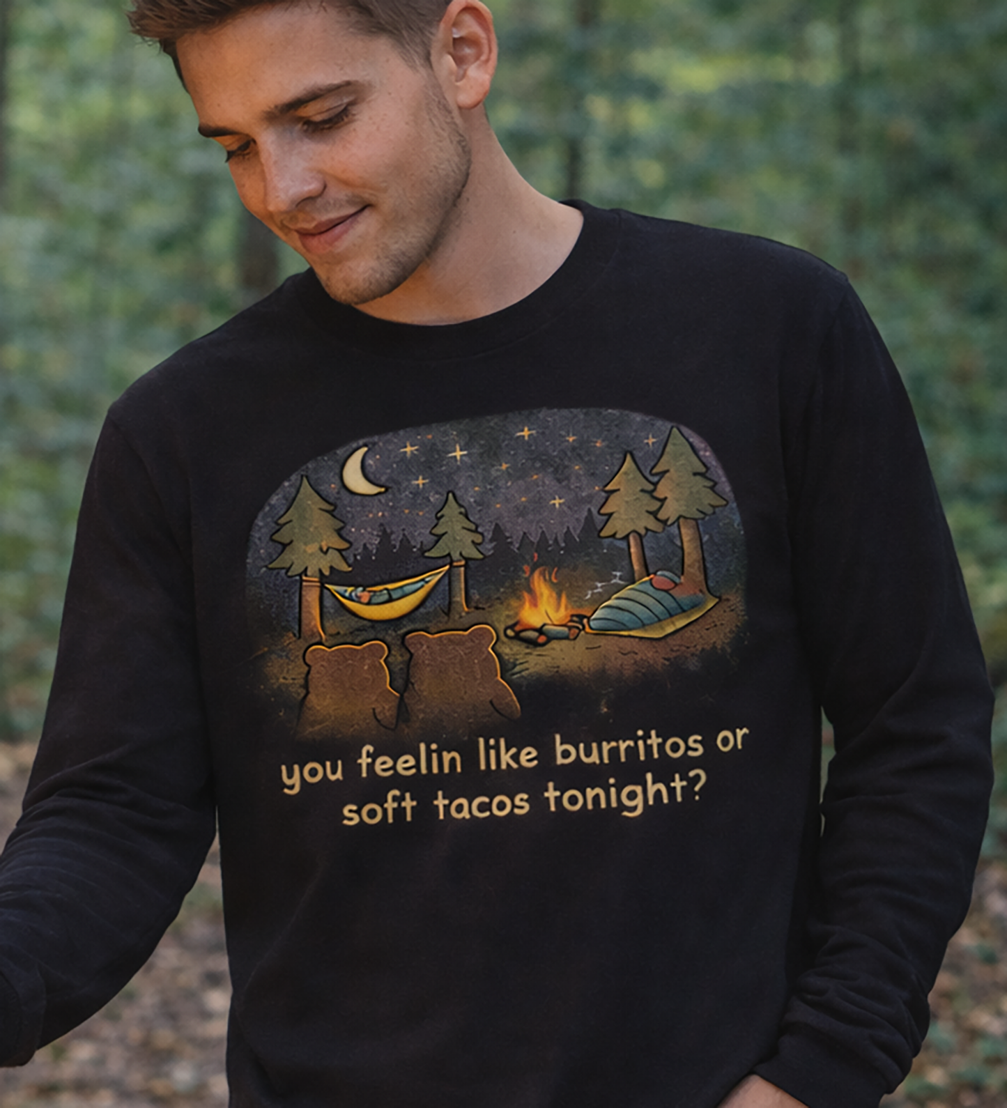 Campfire Bears Humor Long Sleeve T-Shirt, People in Sleeping Bags are Bear Burritos and Tacos Joke, Camping Hiking Shirt
