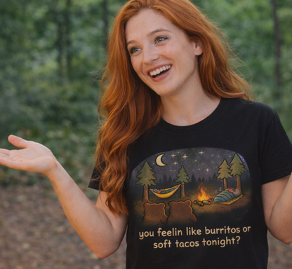 Campfire Bears Humor T-Shirt, People in Sleeping Bags are Bear Burritos and Tacos Joke, Camping Hiking Smores Bonfire Apparel