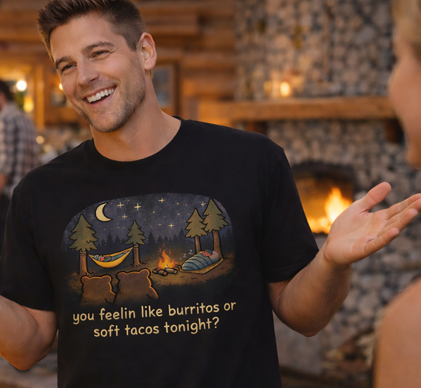 Campfire Bears Humor T-Shirt, People in Sleeping Bags are Bear Burritos and Tacos Joke, Camping Hiking Smores Bonfire Apparel