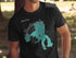 Black t-shirt featuring a teal map outline of Yellowstone Lake, Wyoming.