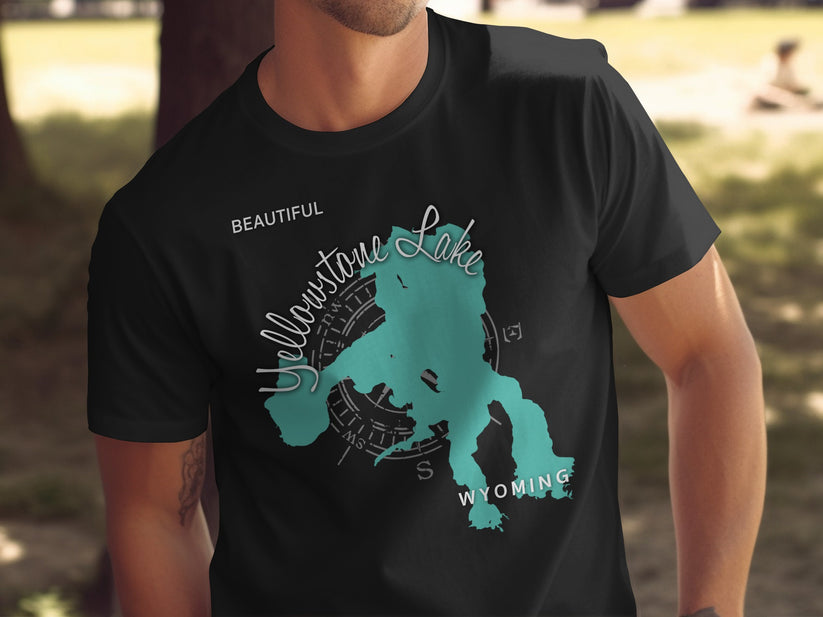 Black t-shirt featuring a teal map outline of Yellowstone Lake, Wyoming.