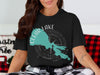 Black t-shirt with Clear Lake California map graphic and compass rose.