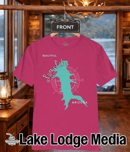 Pink t-shirt with a teal map of Arizona and "Lynx Lake" text.