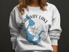 White sweatshirt with blue Broadway Lake map and compass graphic, South Carolina.