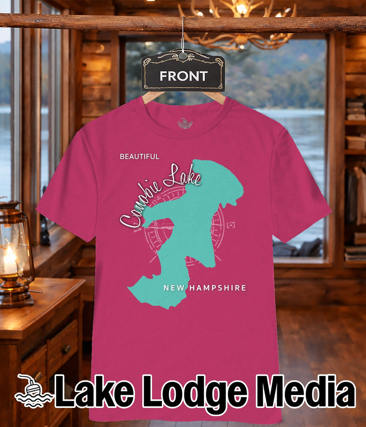 Pink t-shirt with teal "Crabtree Lake" graphic and "New Hampshire" text.