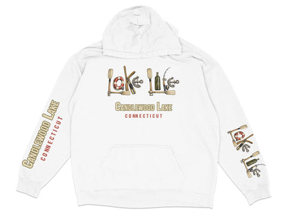 White hoodie with "Candlewood Lake Connecticut" text and lake-themed graphics.