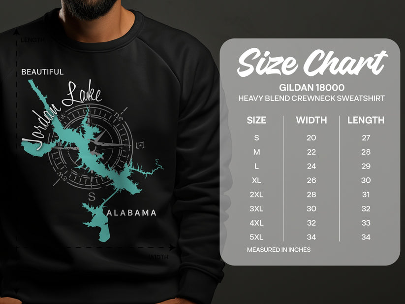 Gildan 18000 sweatshirt with Jordan Lake map and size chart.