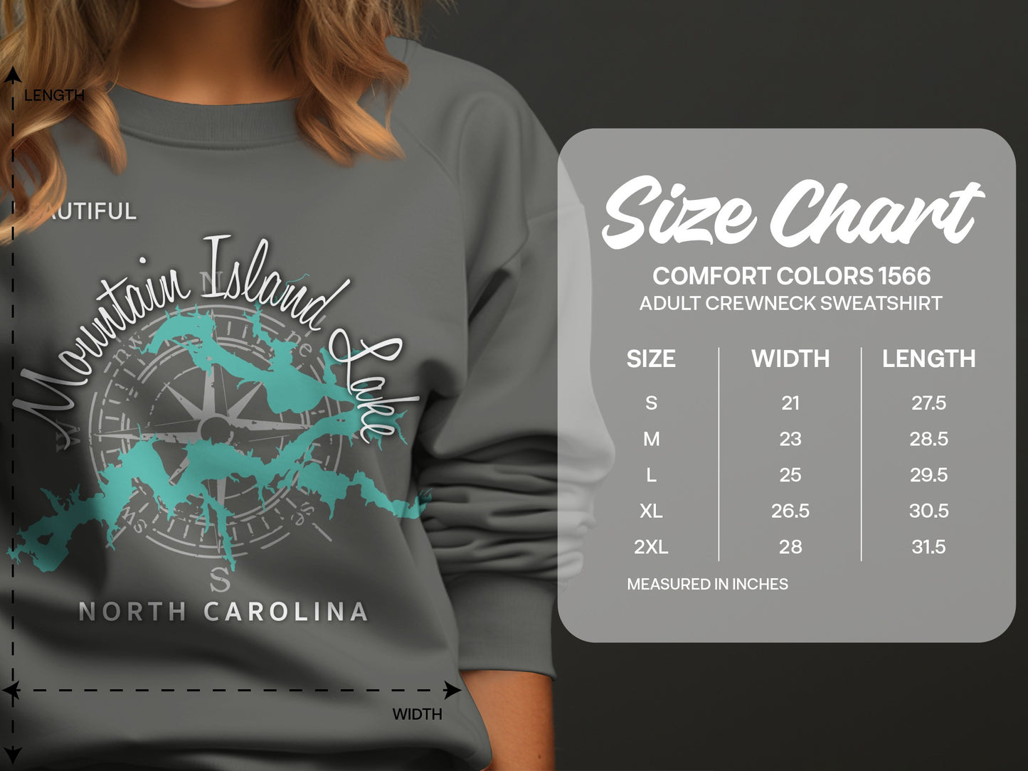 Comfort Colors 1566 sweatshirt size chart with measurements for width and length.