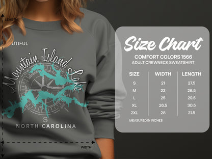 Comfort Colors 1566 sweatshirt size chart with measurements for width and length.