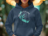 Dark blue hoodie with Arkabutla Lake Mississippi map and compass graphic.