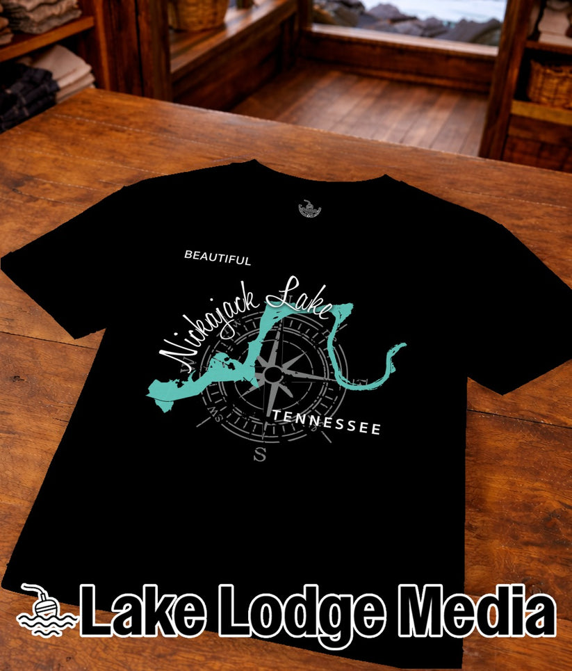 Black t-shirt with "Beautiful Nickajack Lake Tennessee" and compass graphic.