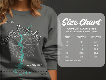 Comfort Colors sweatshirt size chart with measurements for width and length.