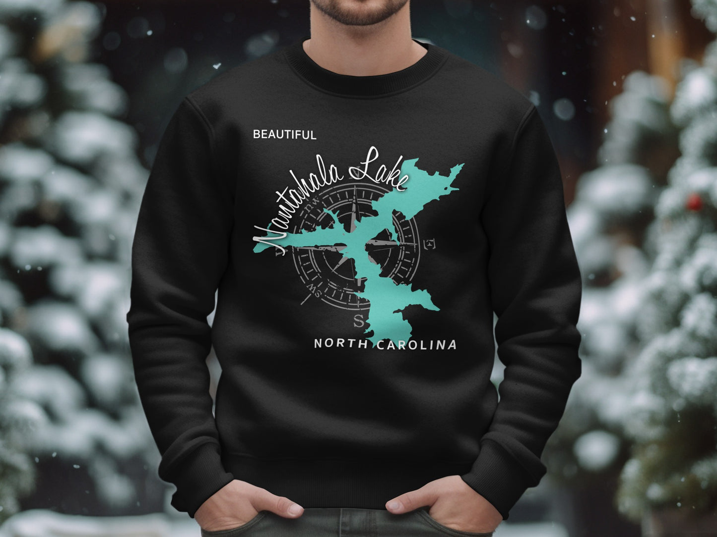 Black sweatshirt with Nantahala Lake map and compass design.