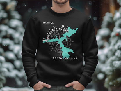 Black sweatshirt with Nantahala Lake map and compass design.