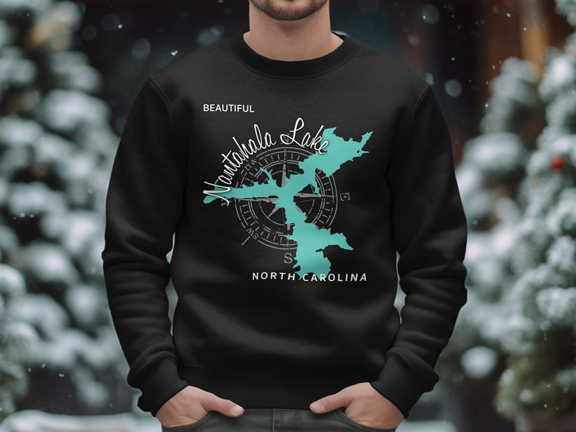 Black sweatshirt with Nantahala Lake map and compass design.