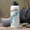 White water bottle with Hogan Lake map and compass design, black lid.