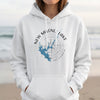 White hoodie with "New Melones Lake California" and compass design.