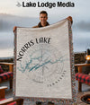 Throw blanket with Norris Lake map design and compass rose, Tennessee.
