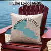 Clearwater Lake Minnesota graphic on a cream pillow on a red Adirondack chair.