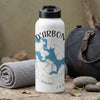 White water bottle with "O'ARBON" text, a blue map design, and compass rose.